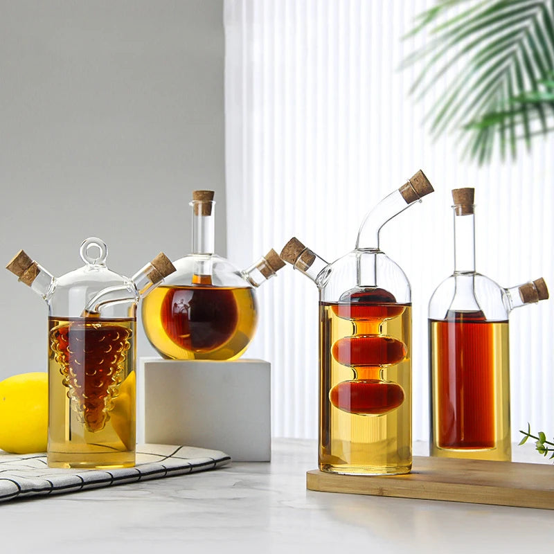 Double-layer Glass Oil Jug 2-in-1 Oil Vinegar Bottle Home Creative Double-mouth Cork Shaped Glass Oil Jug Kitchen Seasoning Tool
