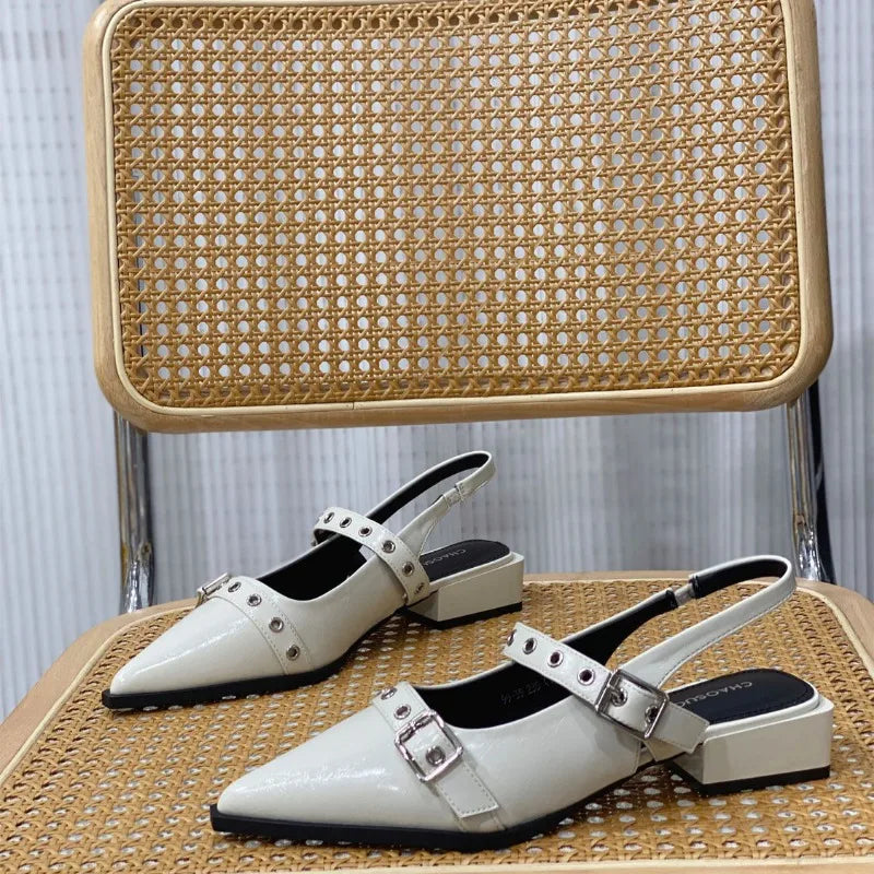 Leather Women's Sandals Outdoor with Low Heels Ladies Shoes Buckles Black Mules 2024 Trending Summer Offers The Best Designer Or