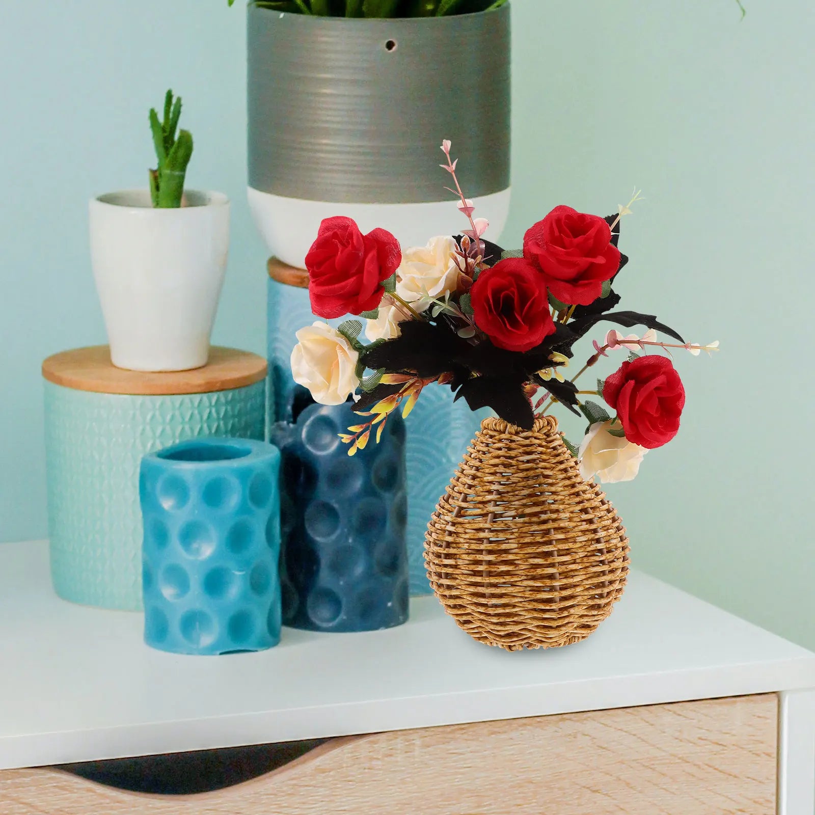 Rustic Vintage Vase Small Imitation Rattan Plastic Woven Flower Vases Home Office Decoration Simple Elegant Life Beauty
