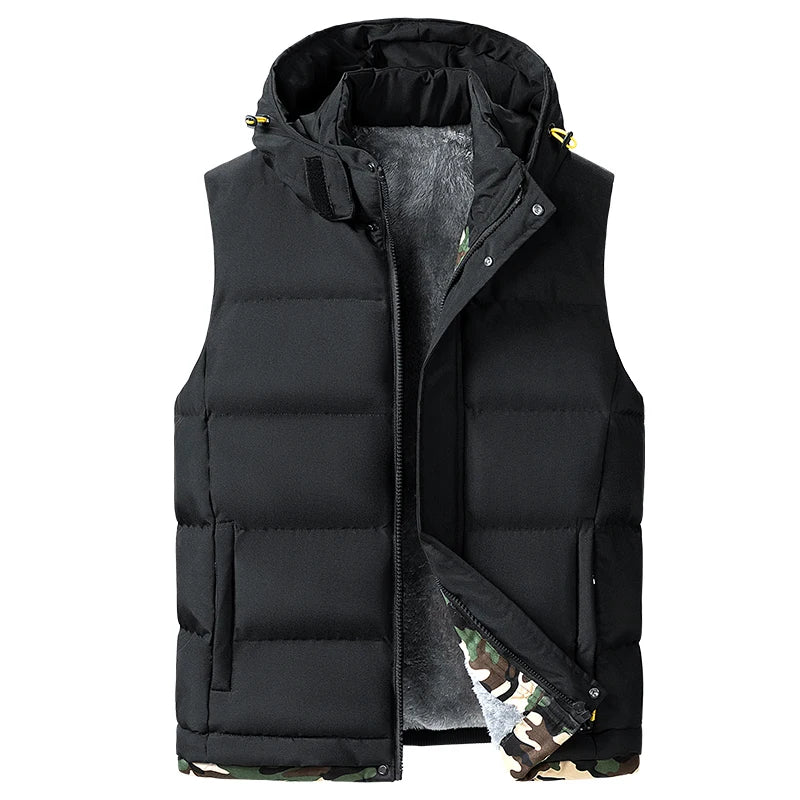 Big Size Men's Padded Vest Hooded Zip-up Fleece lined Sleeveless Jacket Male Winter Thick Warm Brushed Work Hiking Plus 9XL 10XL