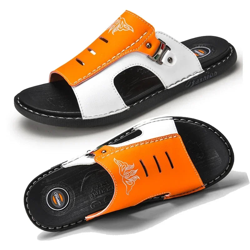 Men's Slippers Summer Leather Sandals New Non-slip Wear-resistant Beach Shoes Leather Sandals Casual Sandals Slippers Slides Men