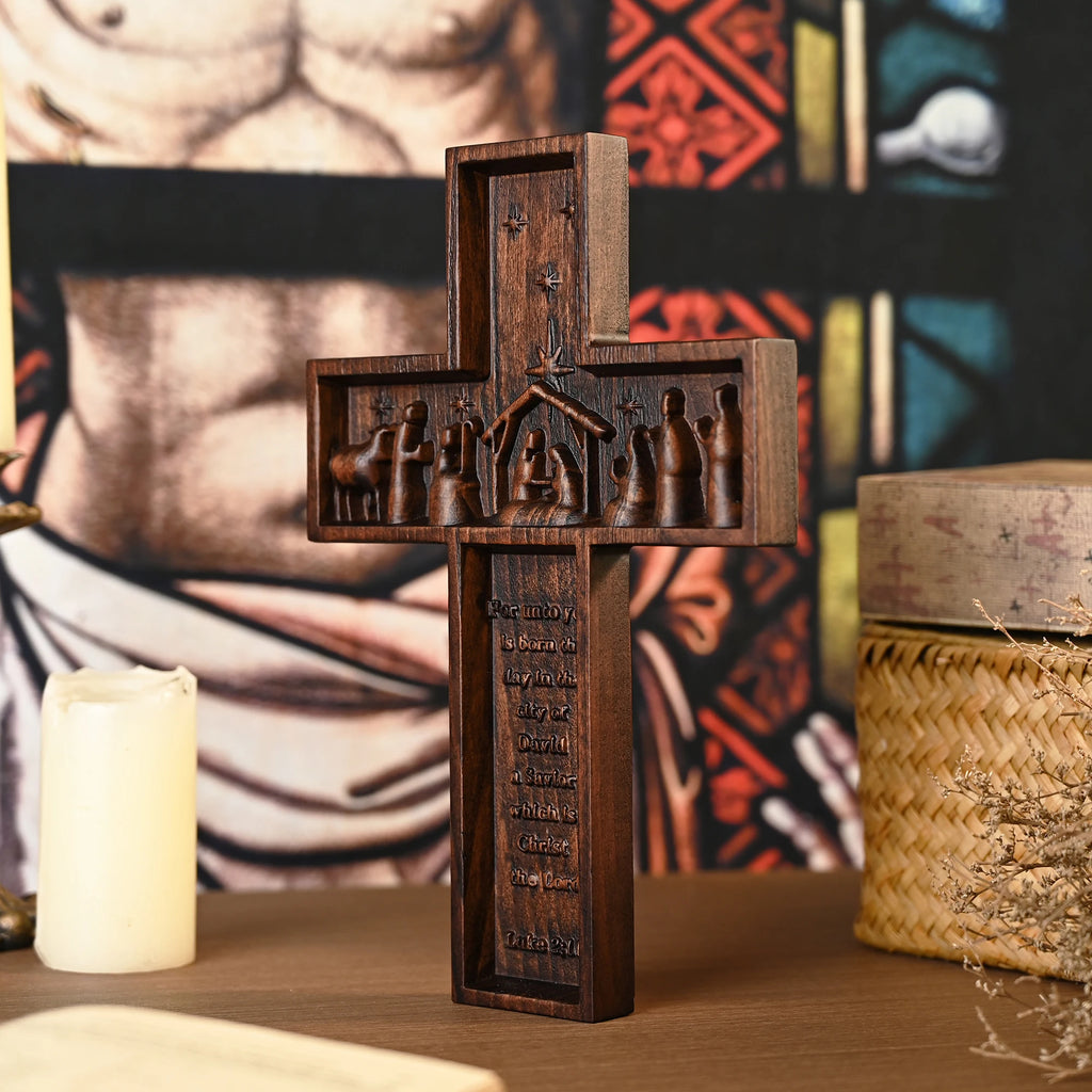 Wood carving Jesus birth cross crafts home church decoration cross-border ornaments solid wood pendant wooden foreign trade