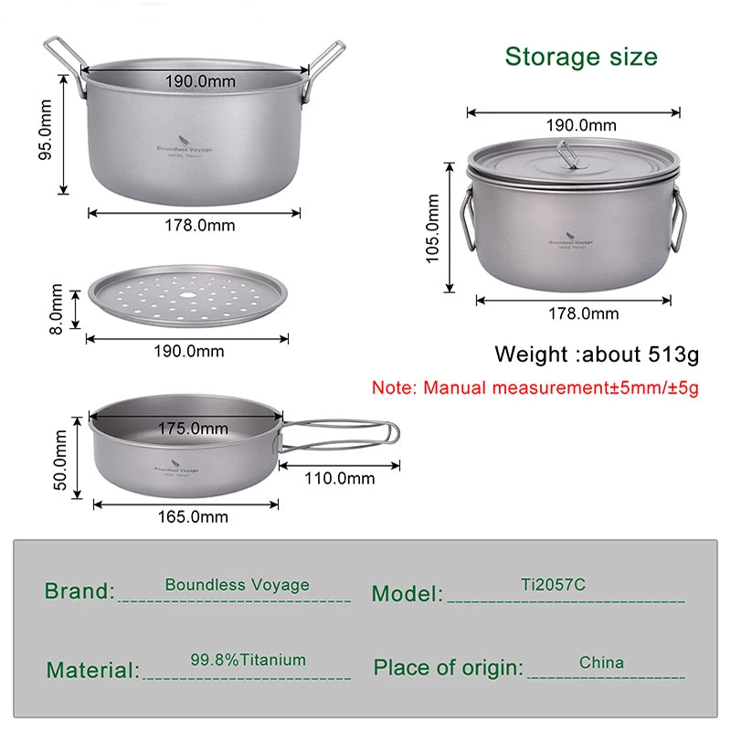 Boundless Voyage Titanium Steamer Pot Frying Pan, Outdoor Travel Picnic Camping Cooking Set, Soup Pot Saucepan Tea Tray
