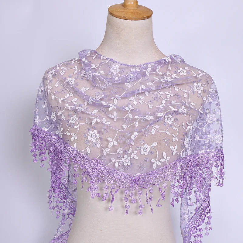 160*50cm Women Tassel Triangle Scarf for Church Prayer Shawl Embroidered Lace Veil Floral Headcovering Veils for the Church's