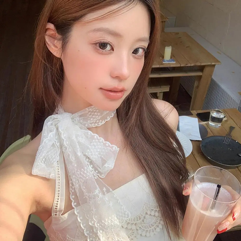 Sweet Flower Retro Lace Neck Strap Transparent Dressing Decoration Hair Band Korean Style Neckerchief Long Ribbon Head Scarf