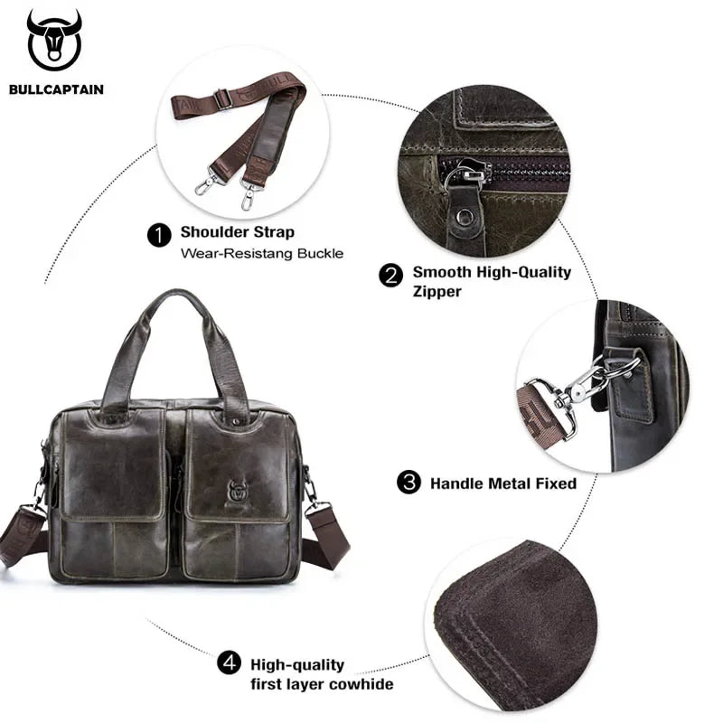 BULLCAPTAIN Men's Real Leather Briefcase 14 Inch Laptop Sleeve ,Casual Shoulder Messenger Bag, Tote, Work, Office, 042