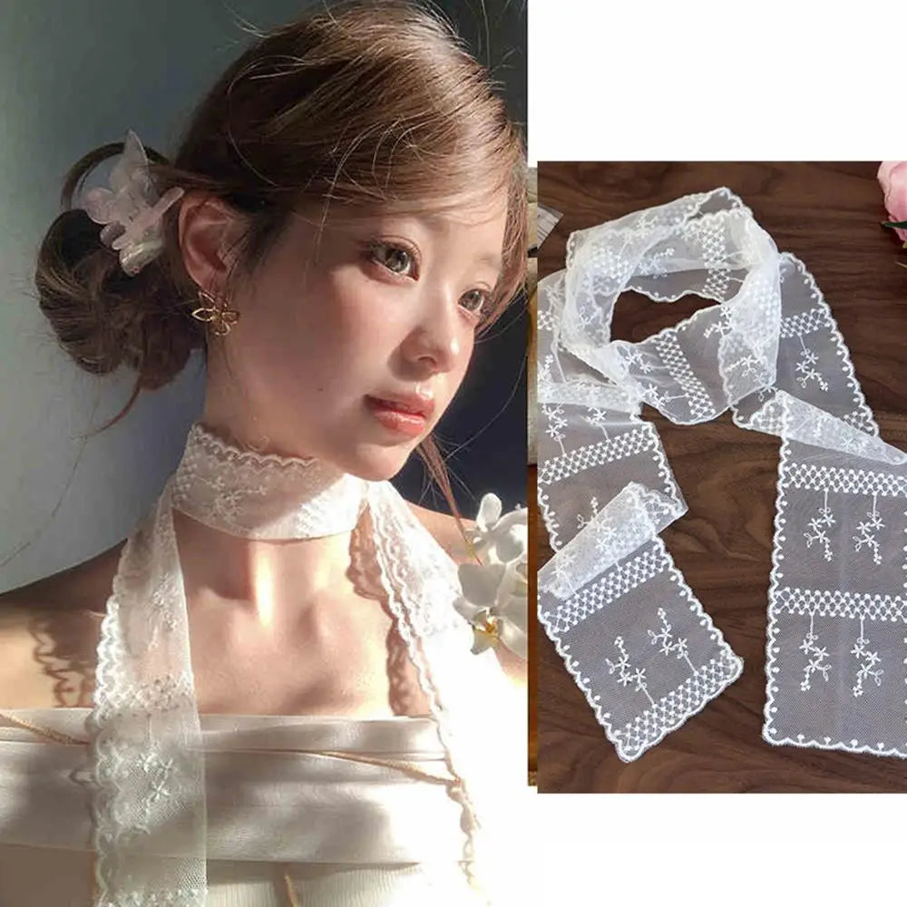 Sweet Flower Retro Lace Neck Strap Transparent Dressing Decoration Hair Band Korean Style Neckerchief Long Ribbon Head Scarf