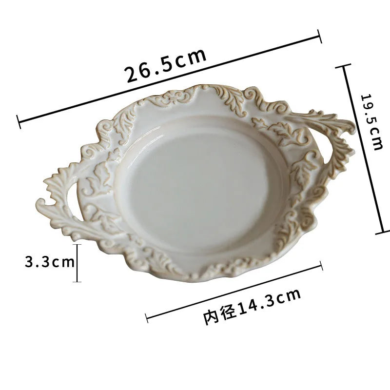 French Retro Relief Plate Ceramic Spaghetti Plate Binaural Dessert Western Food Plate Light Luxury Tableware