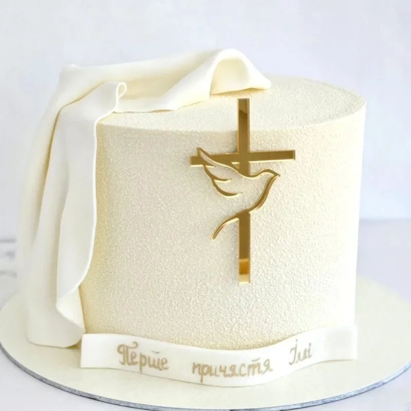 Cross Christ Jesus Birthday Cake Topper Gold Acrylic Dove Cross for Eucharist Baby Baptism Party Cake Toppers Dessert Decoration
