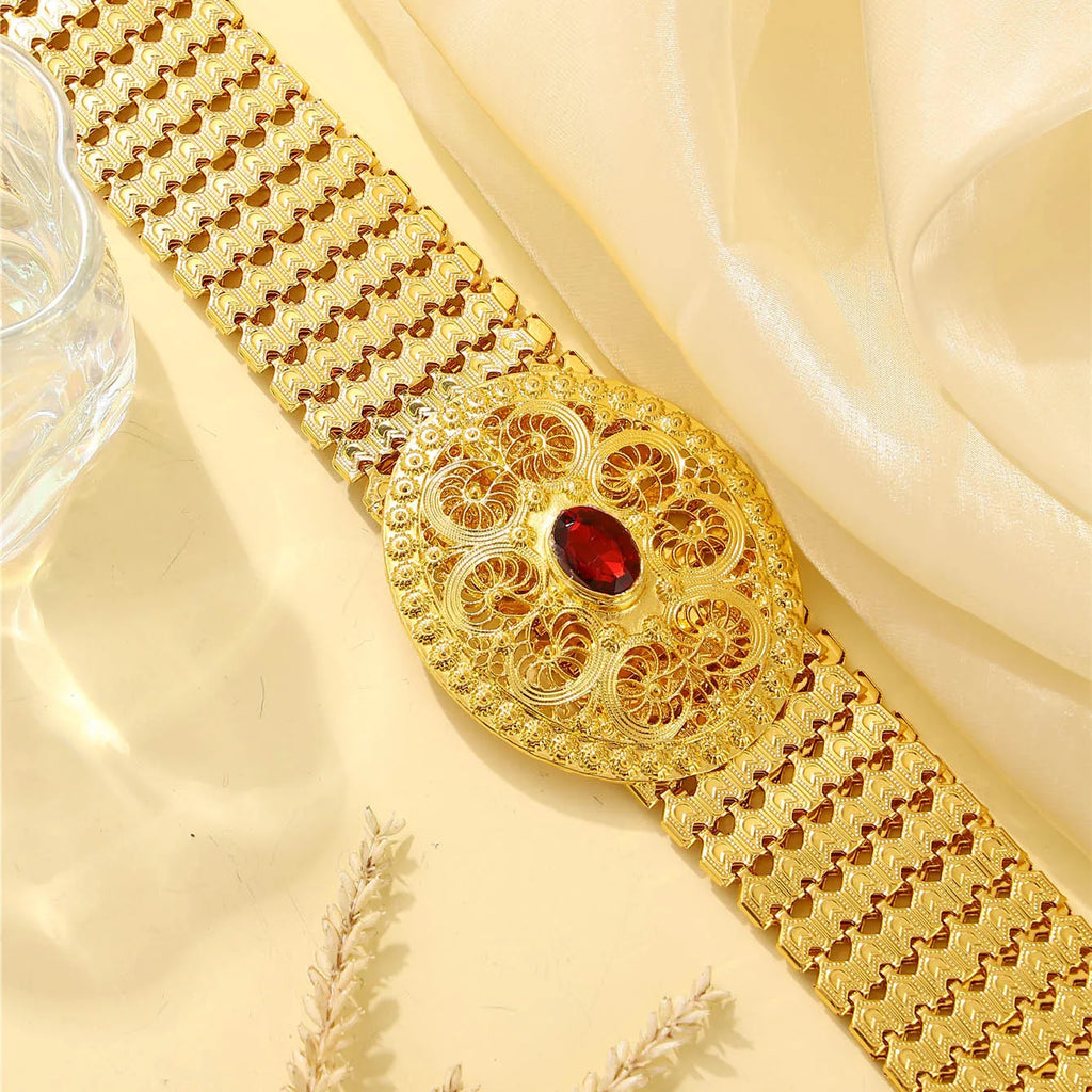 Gilded snak scalebelt golden oval leather belt inlaid with large red gemstones designed bridal banquet dances popular style belt