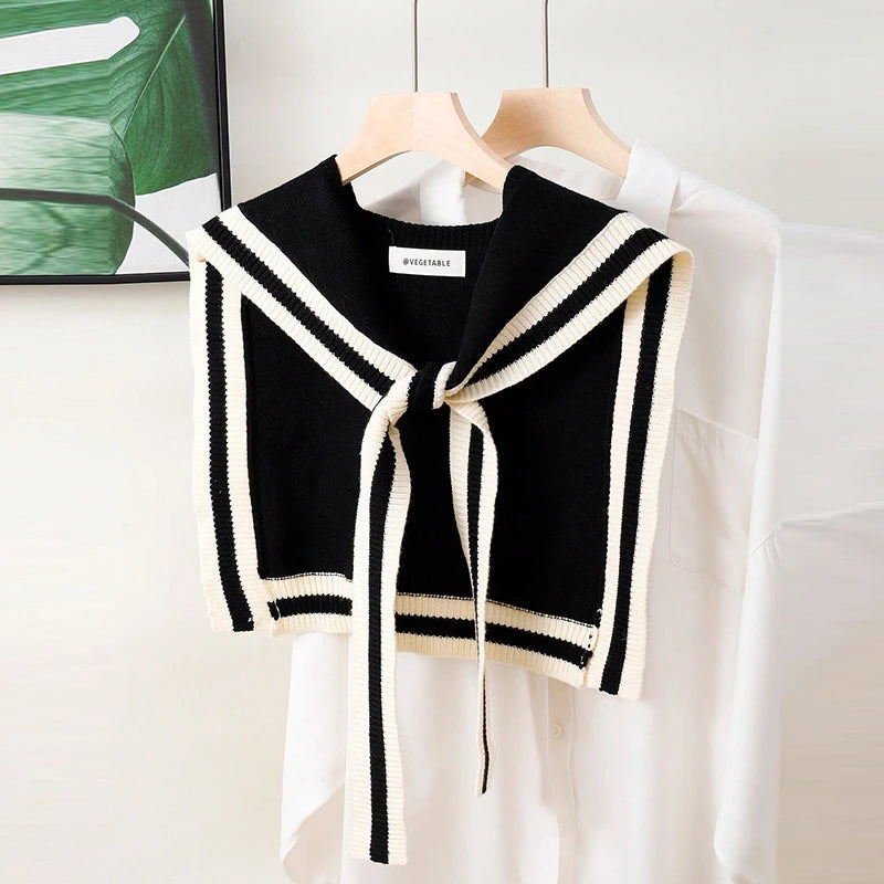 A Handmade Spring & Fall Polyester Knitted Knotted Shawl with Contrasting Stripes and Preppy Style Women's Fashion Shawl