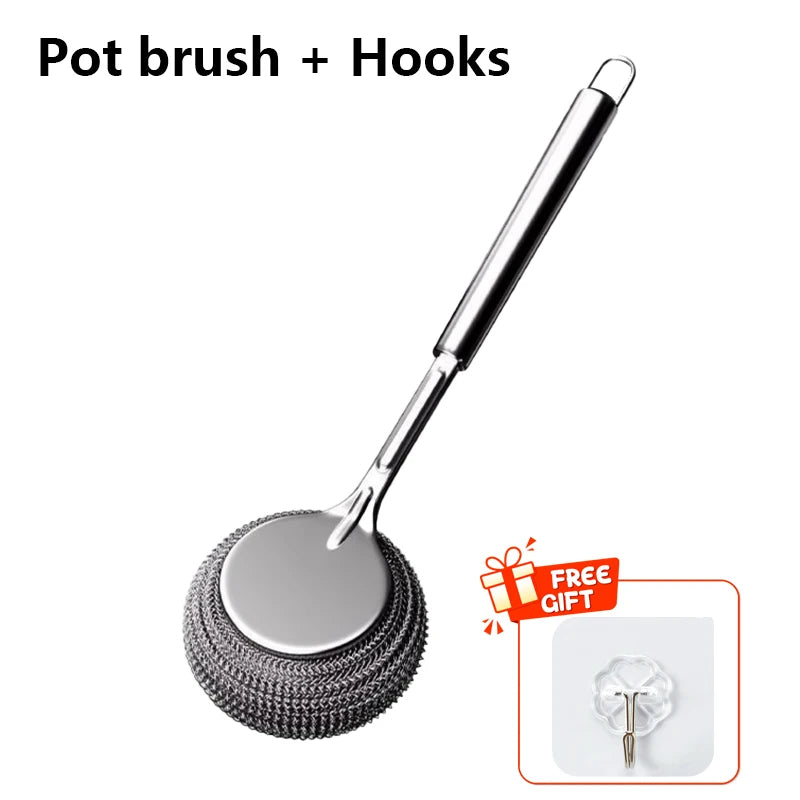 Stainless Steel Pot Brush Kitchen Special Pot Washing Steel Wool Ball Brush Long Handle Dish Cleaning Brush Pot Brush Magic Tool