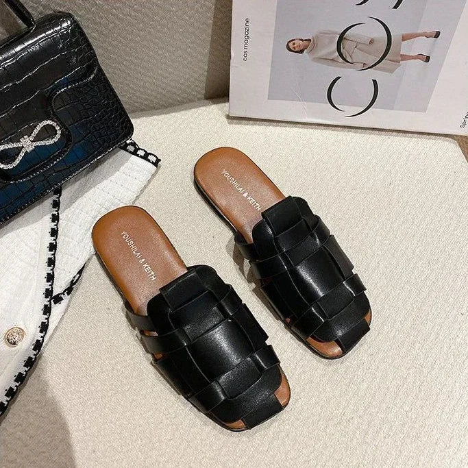 Leather Shoes for Women Low Heel Sandals Mules Slides Outside Woman Slippers Round Toe Flat Designer Natural Skin B Trend Eva F