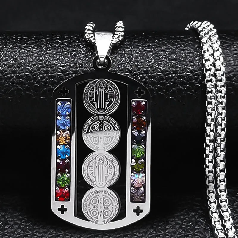 Catholic Jesus Cross Stainless Steel Necklace Saint Benedict Crystal Virgin Mary Pendant Crucifix Male Necklaces Jewelry cruz