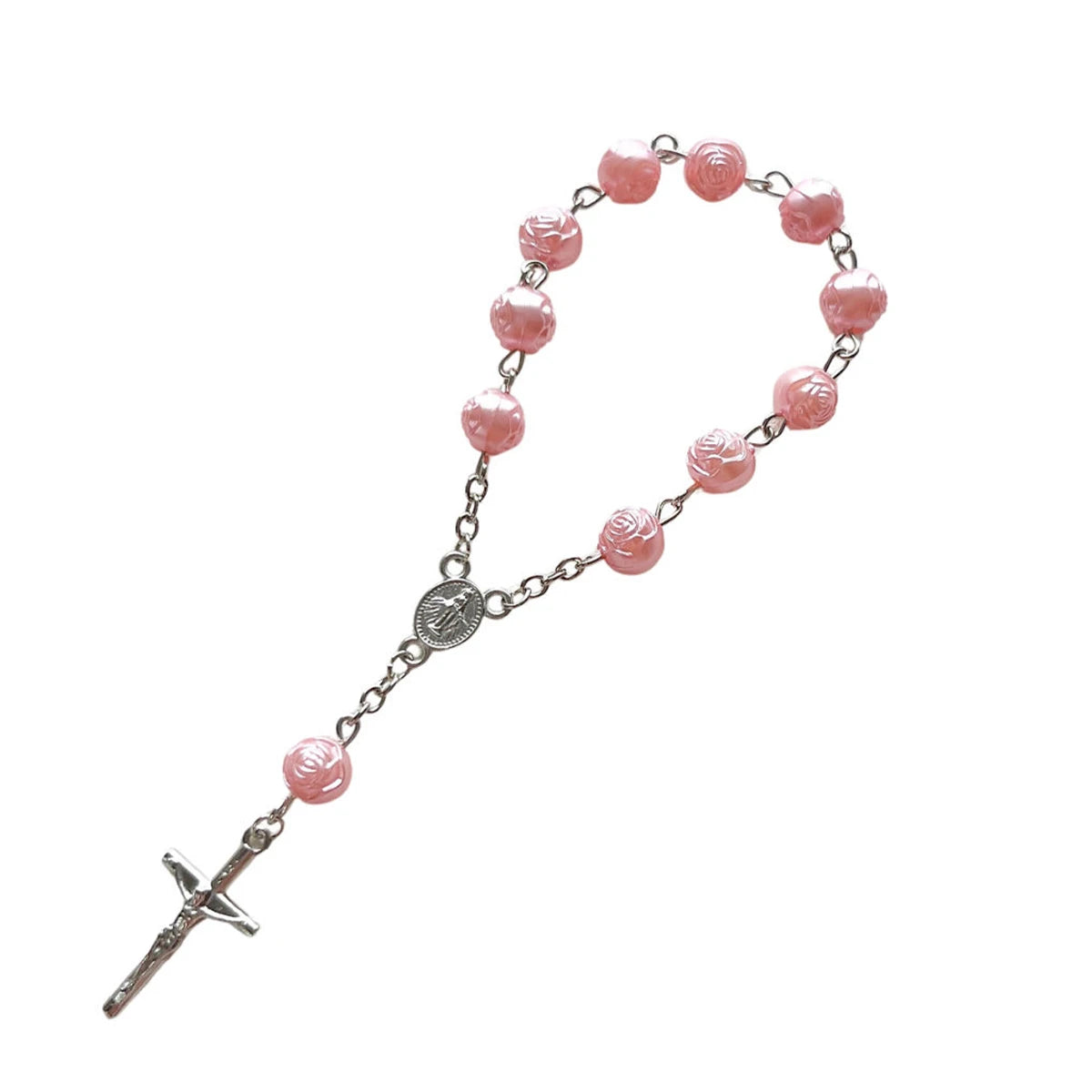 1Pcs Baby 6/8mm Glass Pearl Rosary Bracelet Eucharist Gift Cross Finger Chain Religion Mini Rosary Bracelet Pray