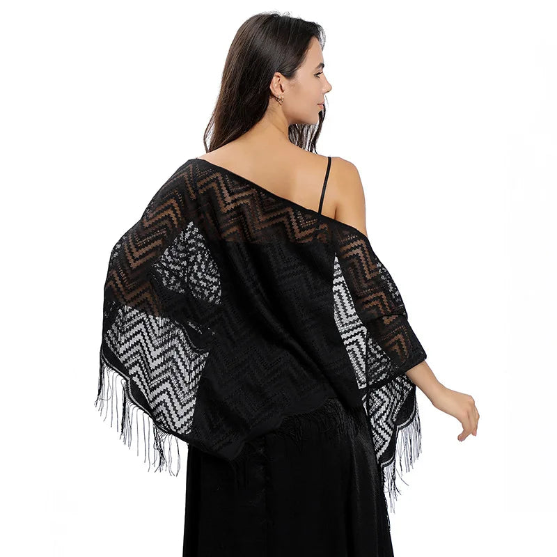 Elegant Lace Wavy Triangle Shawl Hollow Mesh Thin Breathable Tassel Scarf Party Evening Dress Versatile Shawl