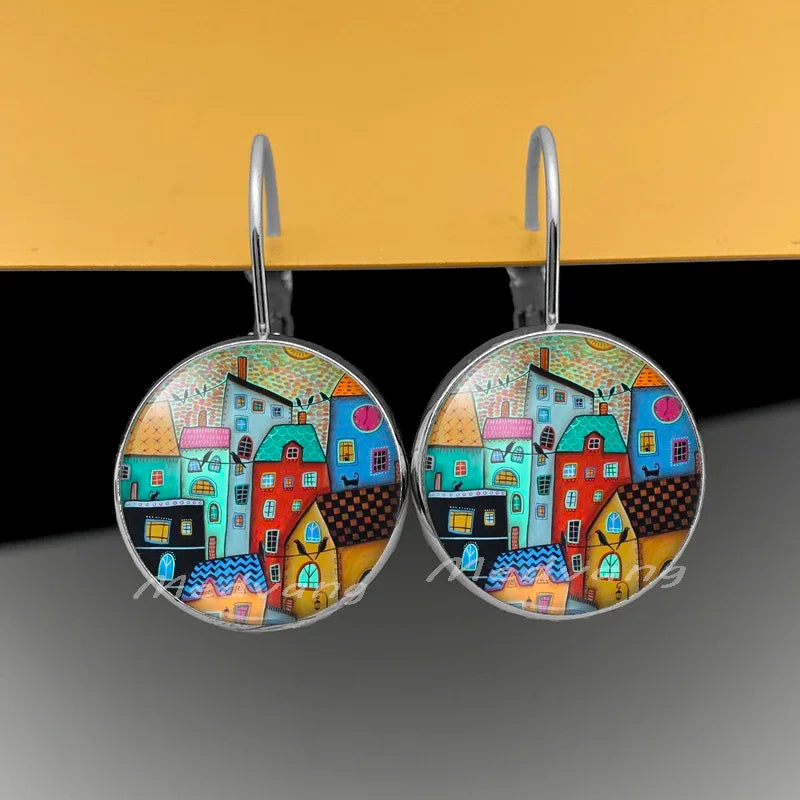 2024 Natural Scenery Earrings beautiful village Women Stud Earring  Abstract Oil Painting House Glass Cabochon Earrings  jewelry