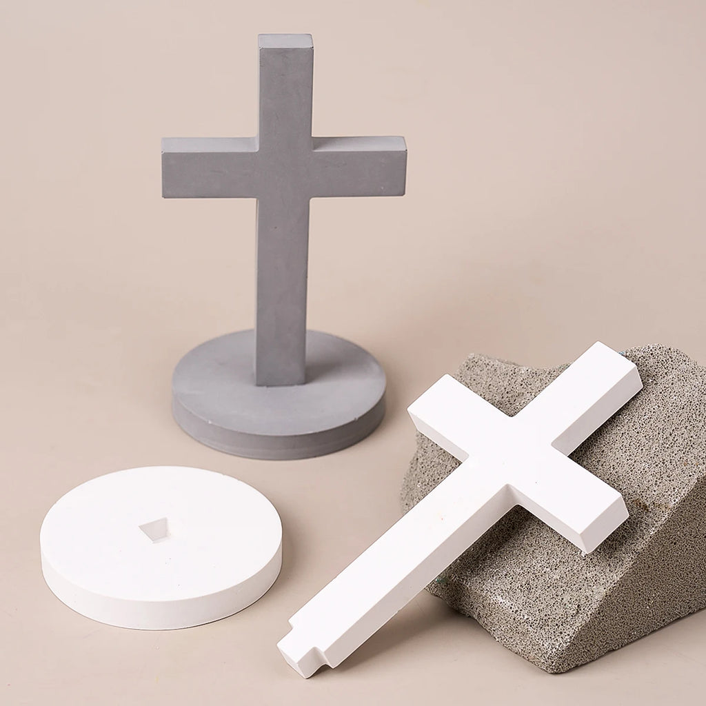 Church Cross Silicone Mold DIY Gypsum Concrete Pouring Table Ornaments Resin Mold 3D Cross Christian Sign with Base Crafts Gifts