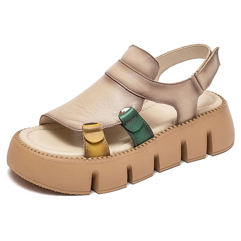 Women's Sandals  Summer Genuine Leather Thick Sole Ladies Sandals Summer Shoes Women Retro Style Handmade Shoes
