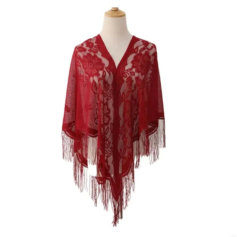 15YC Stylish Lace Ponchos with Fringed Edges Multiuse Shawl for Various Outfit Eye Catching Sunproof Triangle Shoulder Wrap