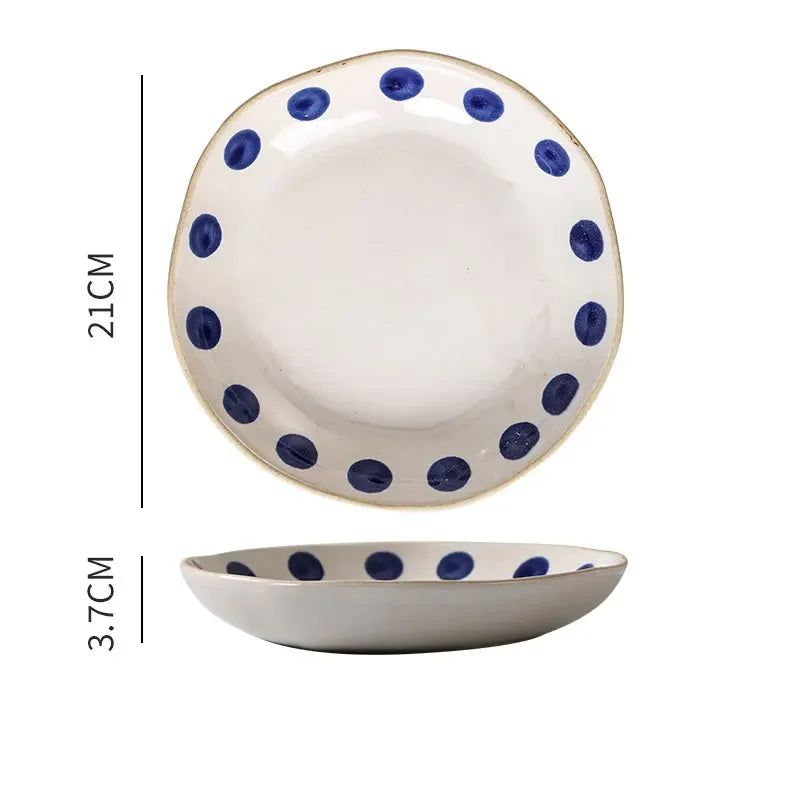 Japanese Vintage Hand Painted Dots Daisy Pottery Deep Plates Creative Moon Star Steak Flat Plate Handmade Salad Dinner Dishes