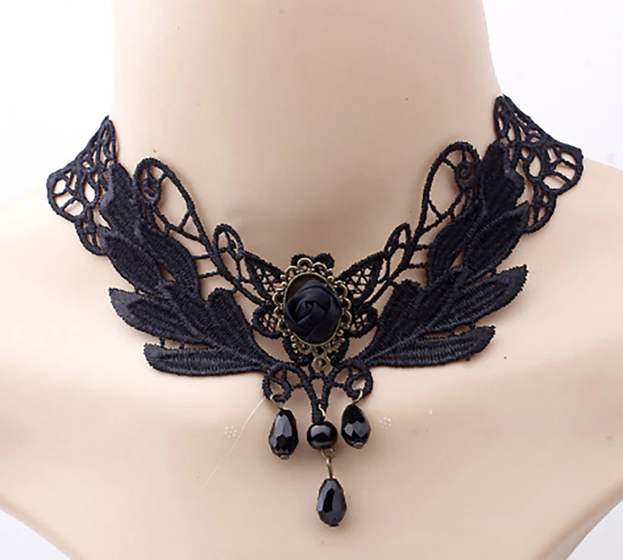 Rose Flower Red Black Stone Velvet Chokers for Women Lady Lace Bead Chains Sexy Necklace Girl Neck Jewelry Accessories Gifts 1PC