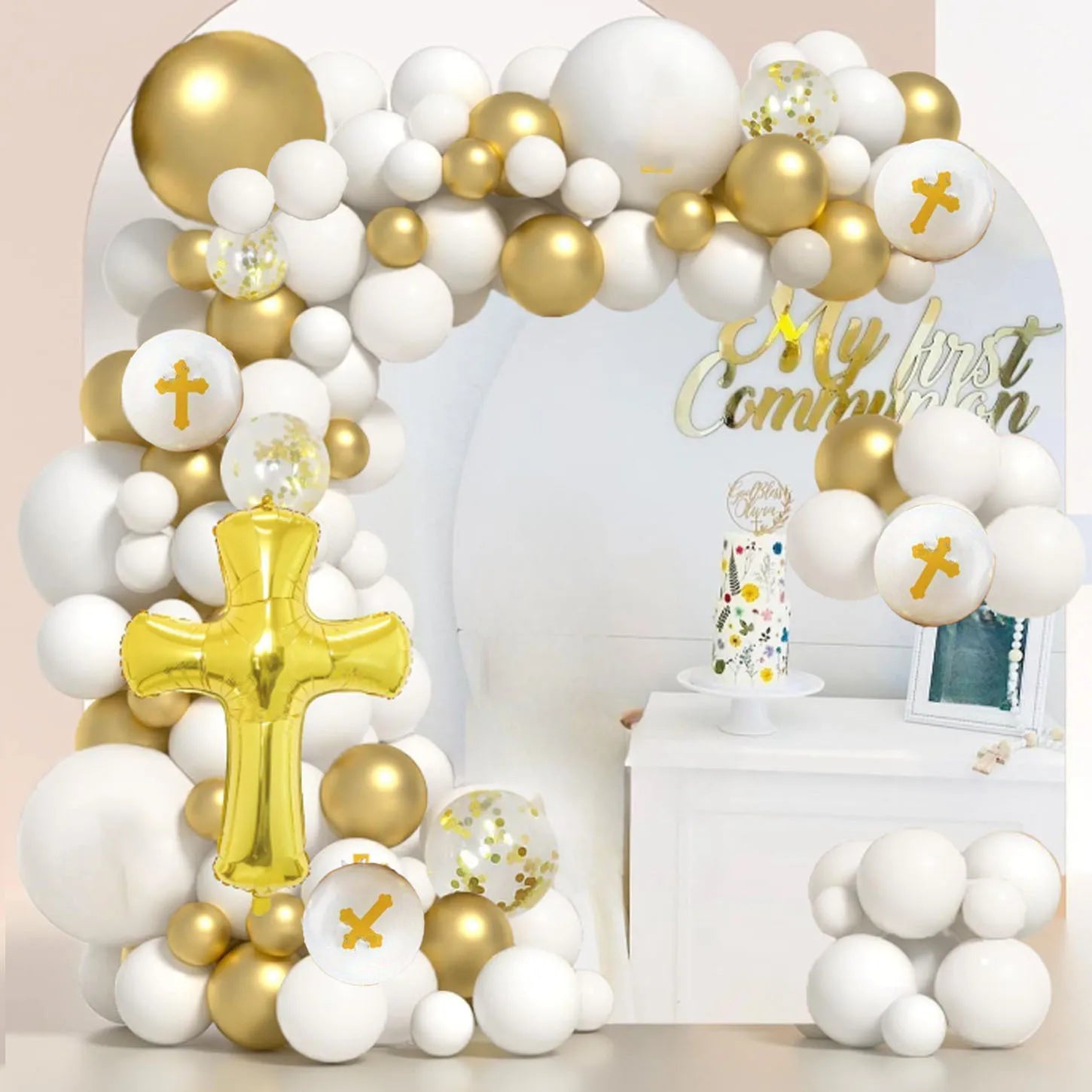 100pcs White Gold First Communion Balloon Garland Arch Kit for First Communion Decoration,God Bless Christening Party Decoration