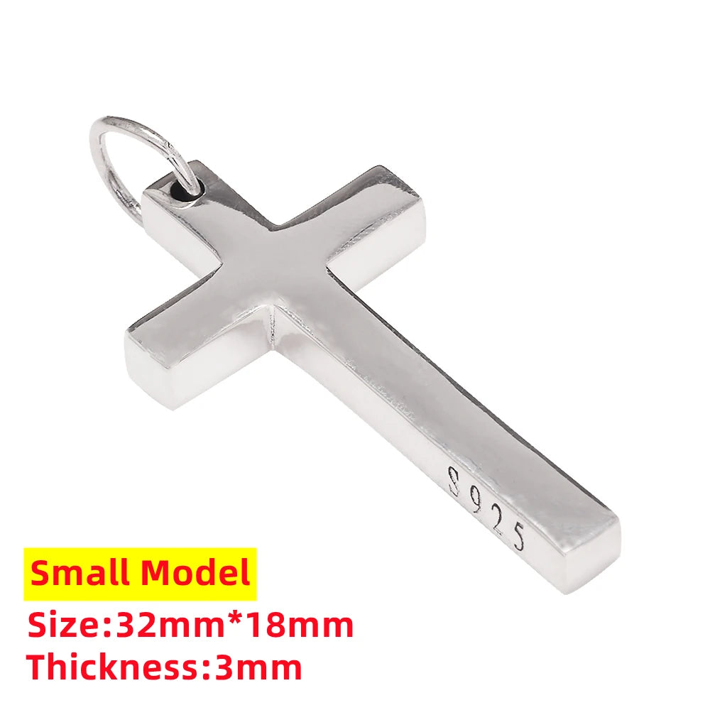 Real Solid 925 Silver Cross Pendant for Men Women Minimalist High Polished Fashion Classic Jesus Christian Prayer Jewelry