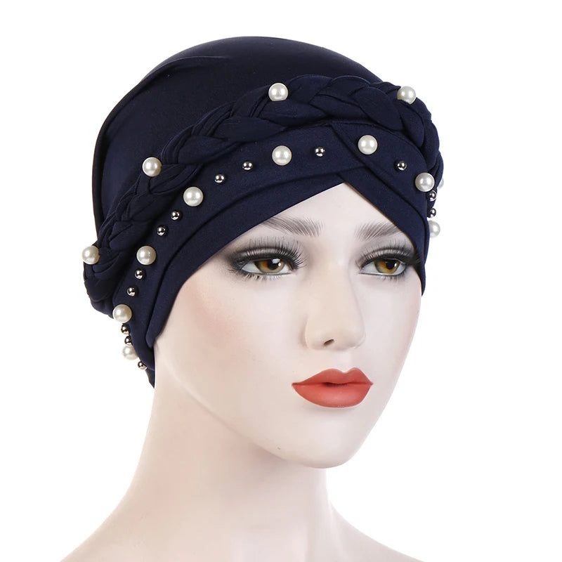 Braid Cross Forehead Women Hijabs with Faux Pearl Decor Solid Color Muslim Female Head Scarf Elegant Turban for Women Elastic