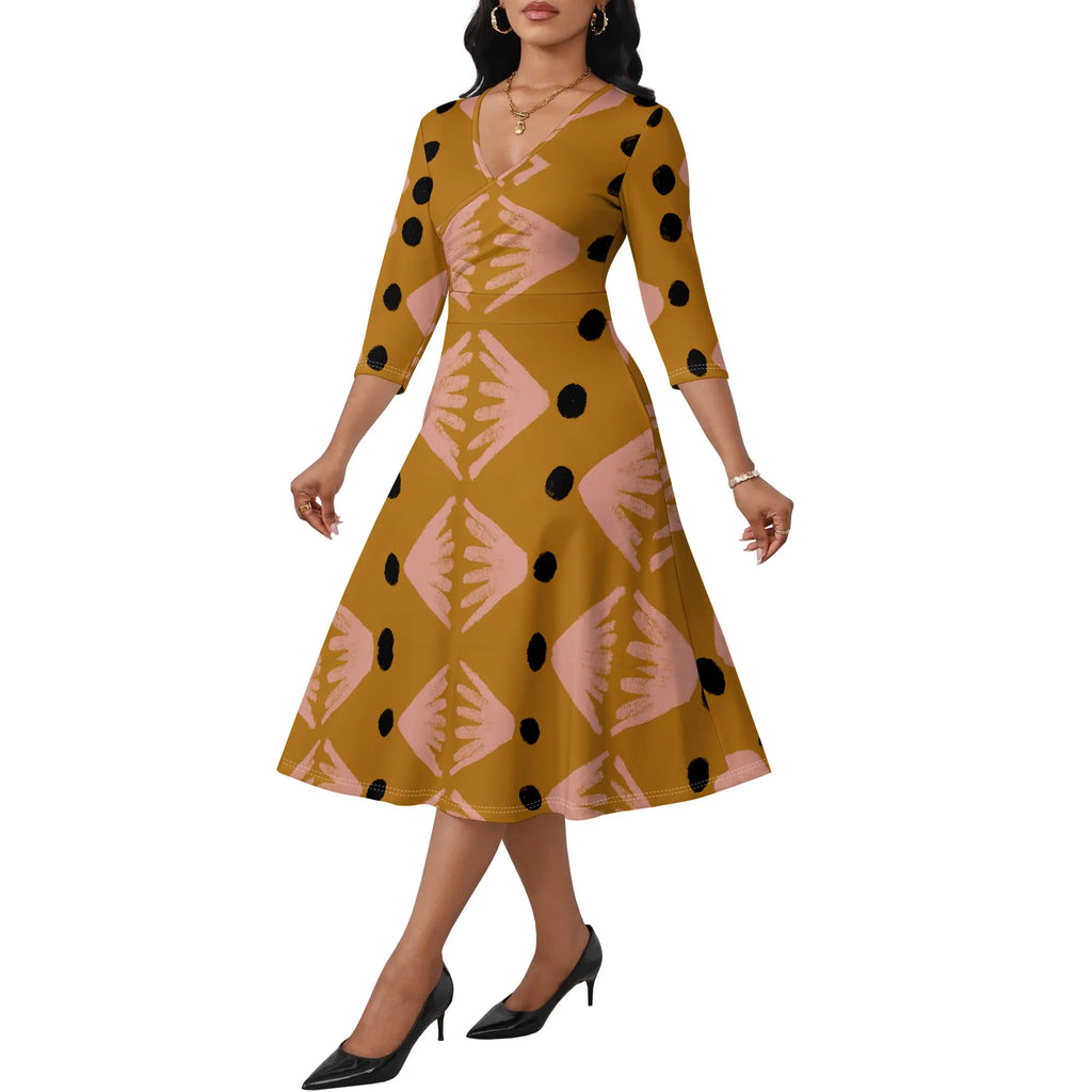 Mudcloth Inspired Print Wrap Dress XS-3XL Modern Afro A-Line Style with V-Neck for Juneteenth, Gallery Visit or Boho Fall Look