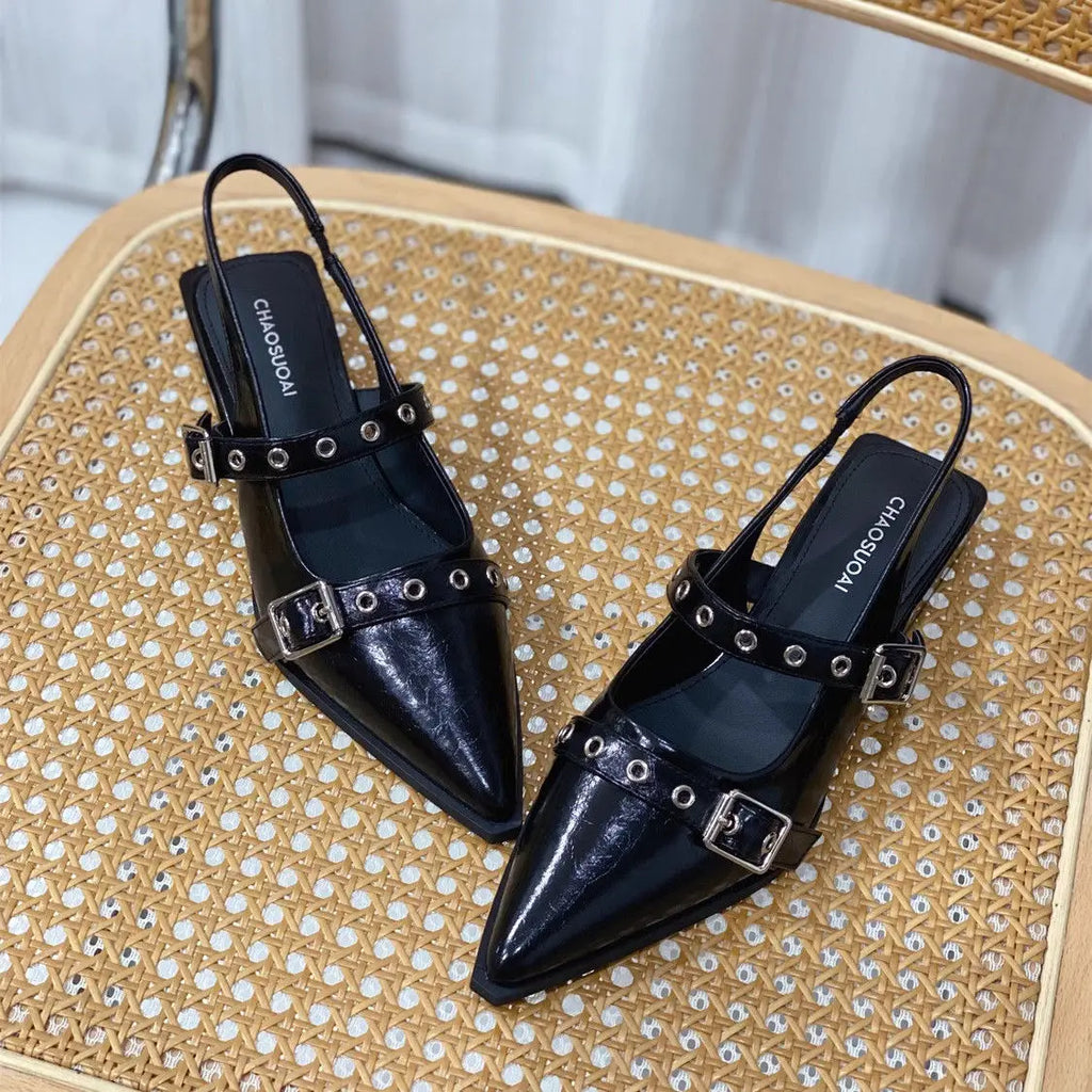 Leather Women's Sandals Outdoor with Low Heels Ladies Shoes Buckles Black Mules 2024 Trending Summer Offers The Best Designer Or