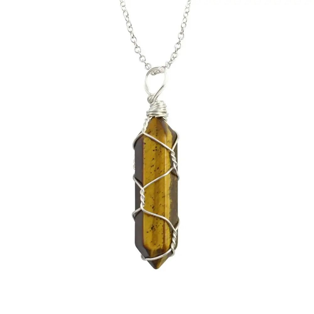 Jewelry Amethyst Tiger Eye Rose Quartz Natural Stone Hexagonal Cylindrical Crystal Necklace Wire Wrap Stone Pendant