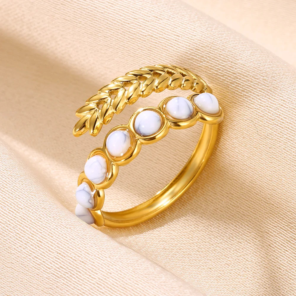 Stainless Steel Double Wide Rings For Women Trendy Aesthetic Gold Color Ring Vintage Natural Stone Hollow Jewelry Gift New In