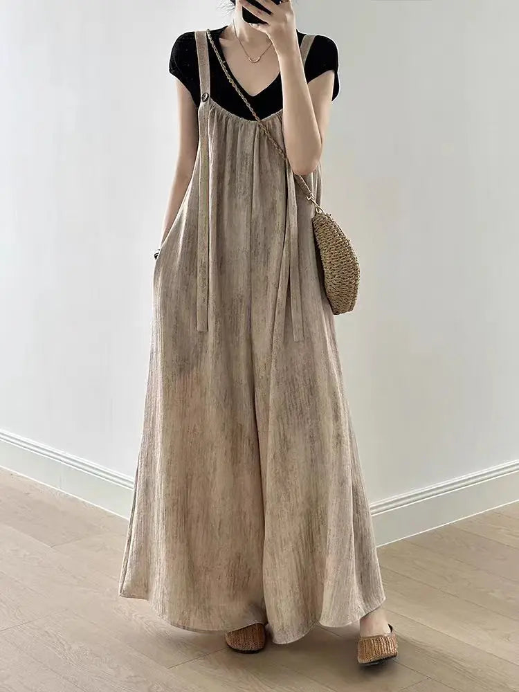 Ladies Cotton Linen Lazy Overalls Summer Drape Loose Casual Wide Leg Pants High Waist Long Trousers Comfortable Fit Casual Pants