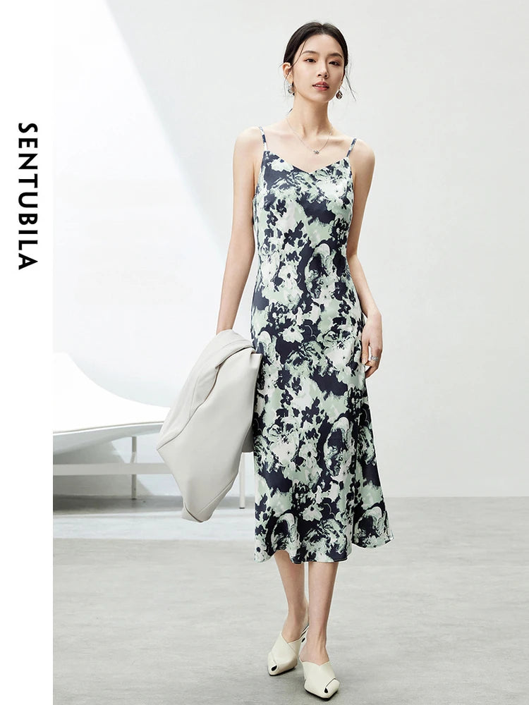 SENTUBILA Midi Print Slip Dresses Women 2025 Spring Summer Korean Fashion Sundress Elegant Lady Slim Camisole Dress 121L40493