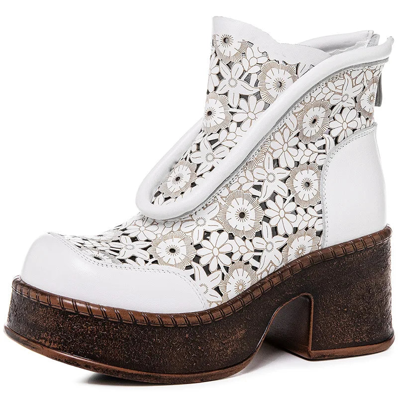 Koznoy 7.5cm Genuine Leather Sandals Ankle Booties Women Hollow Chimney Moccasins Fashion Summer Motorcycle Natural Boots Shoes