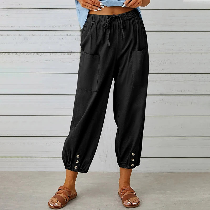 Cotton Linen Harem Pants Women Casual Elastic High Waist Lace Up Loose Ankle Trousers Vintage Harajuku Wide Leg Straight Pants