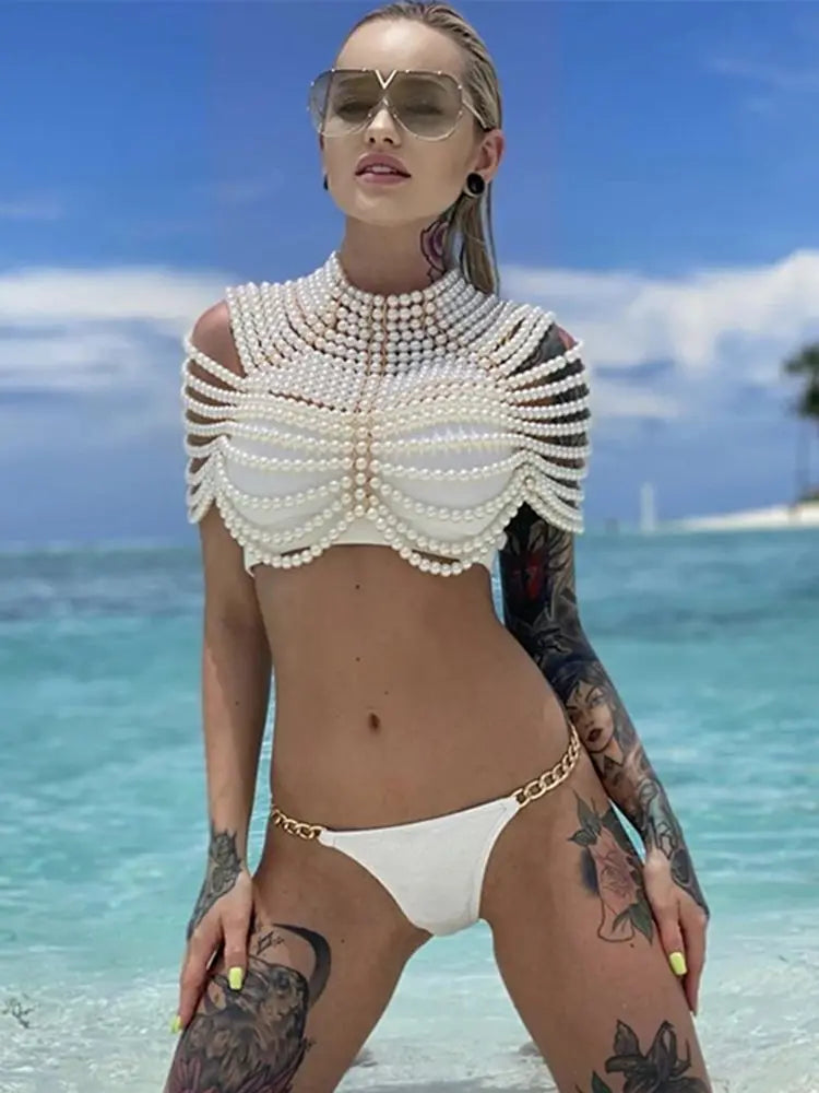 Fashion Pearl Shawl Tops Women 2025 O-neck Handmade Beading Shawl Top Ladies Party Female Elegant Shawl Tops