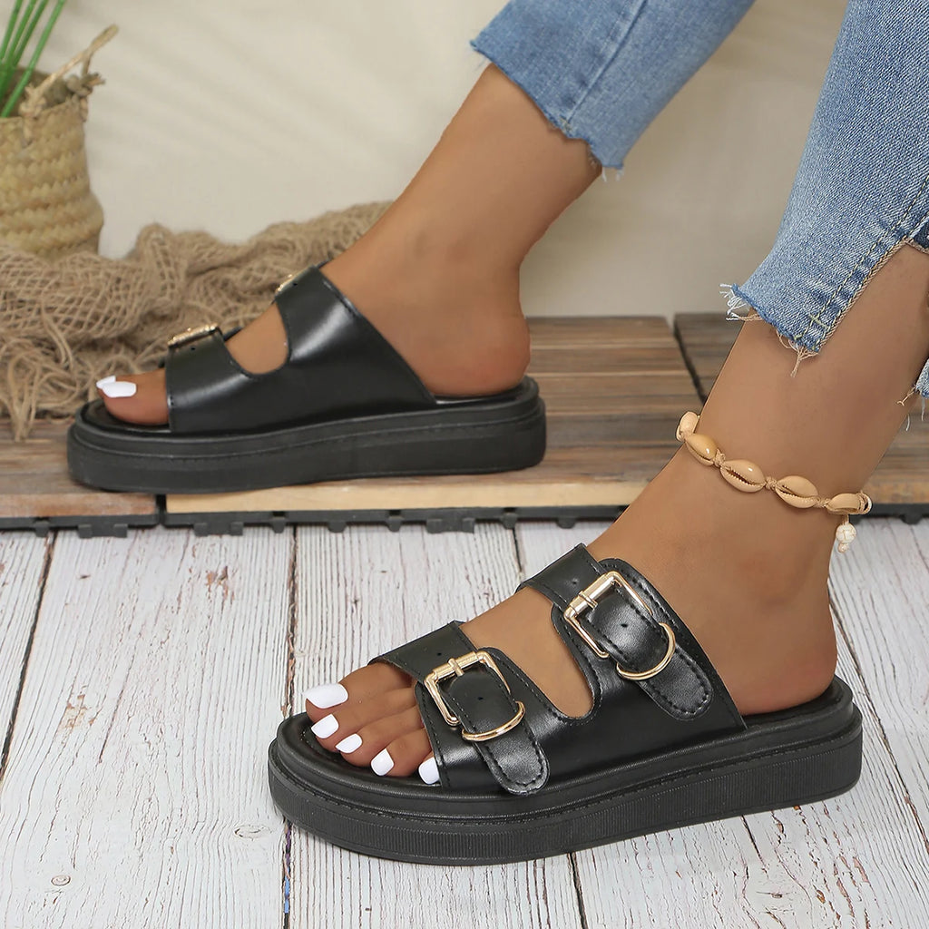 Casual Sandals Women Leather Metal Ankle Buckle Strap Summer Beach Ladies Low Heel Sport Shoes Handmade