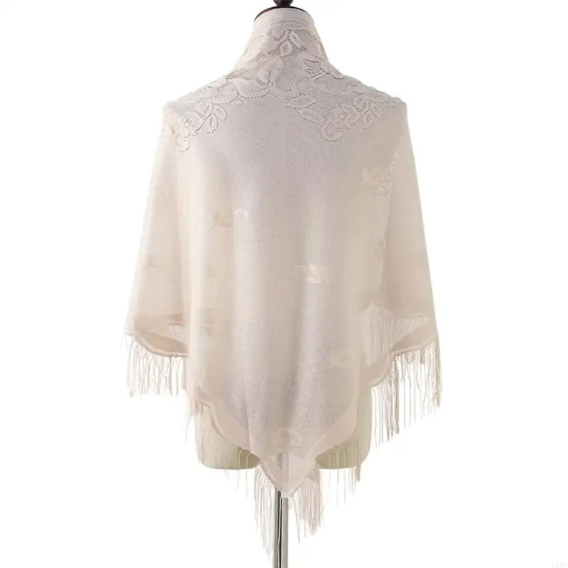 15YC Stylish Lace Ponchos with Fringed Edges Multiuse Shawl for Various Outfit Eye Catching Sunproof Triangle Shoulder Wrap