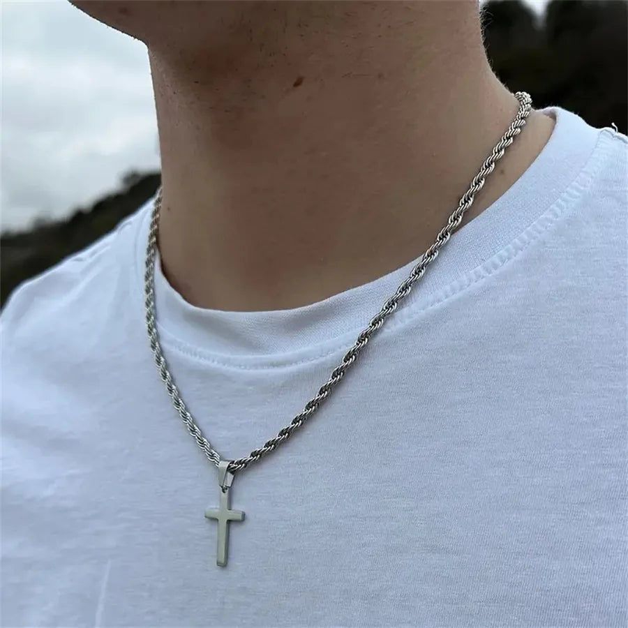 Simple Cross Necklaces for Men Boys,Waterproof Stainless Steel Pendant Necklace with 55cm Twisted Chain,Hip Hop Casual Gifts