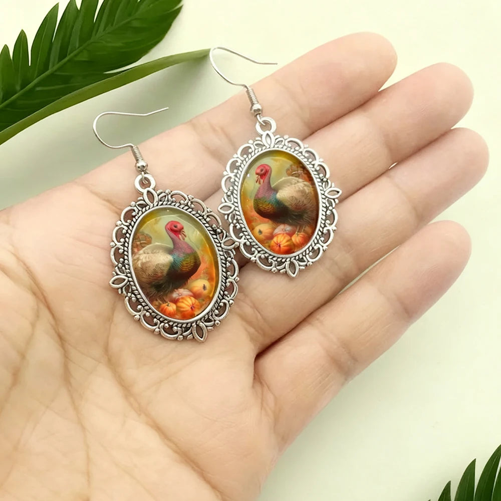 New Autumn Thanksgiving Earrings Turkey Oval Glass Dome Alloy Dangle Earrings Thanksgiving Gift Jewelry Gift