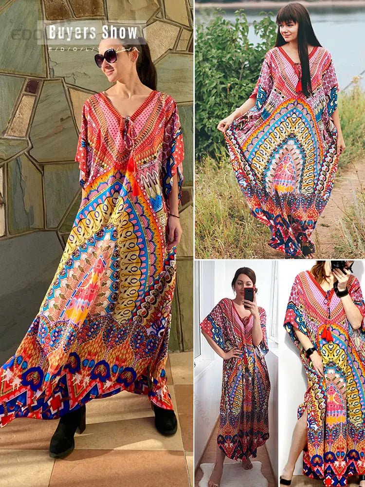 2025 Quick-drying Bohemian Printed Loose Summer Beach Dress Moroccan Kaftan Women Plus Size Beachwear Tassel Midi Dress Q897