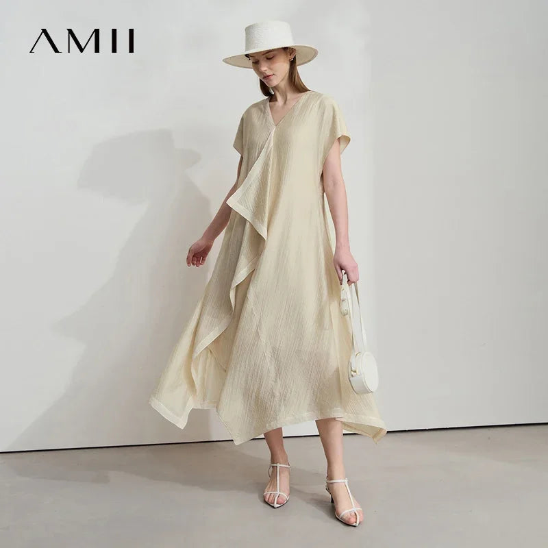 Amii Minimalist Women's Short Sleeved Dress 2025 Spring New Solid Irregular Loose Elegant H Shaped Commute Long Dress 12541134