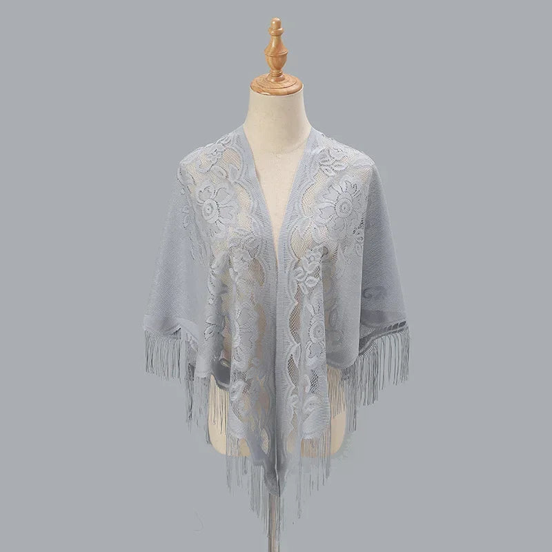 Fashion Women Triangle Wrap Fringed Shawls Head Scarf Tassel Embroidery Lace Scarves Flower Hijab Bandana Prayer Kerchief Church