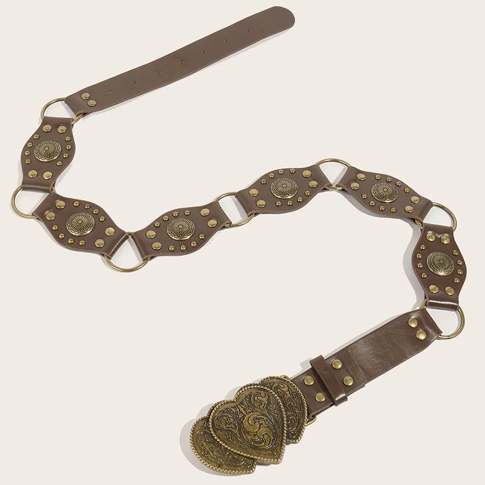 Vintage Circle Splicing Belts Cowboy Hollow PU Girdle Rivet Punk Metal Buckle Spice Girls Skirt Decoration Heavy Duty Wide Belt