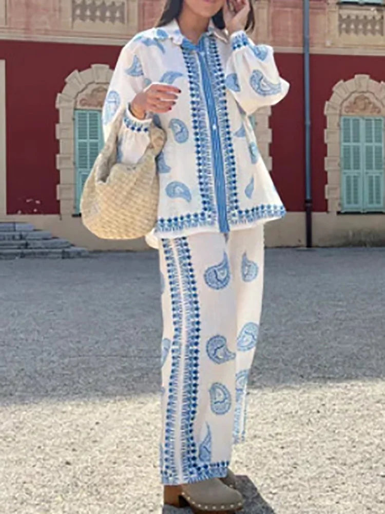 Loungewear Printing Two Pieces Sets, Women Spring Summer Cardigan Top Wide Leg Pants Outfit, Loose Turn-Down Collar Ladies Suits