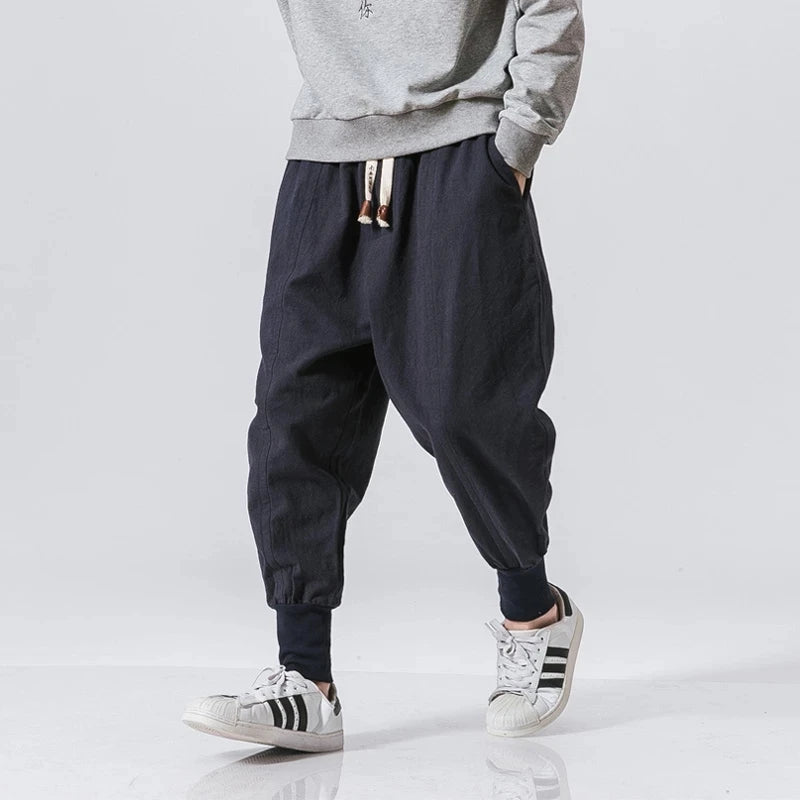 Cotton Linen Harem Pants Men Solid Elastic Waist Streetwear Joggers New Baggy Drop-crotch Pants Casual Trousers Men