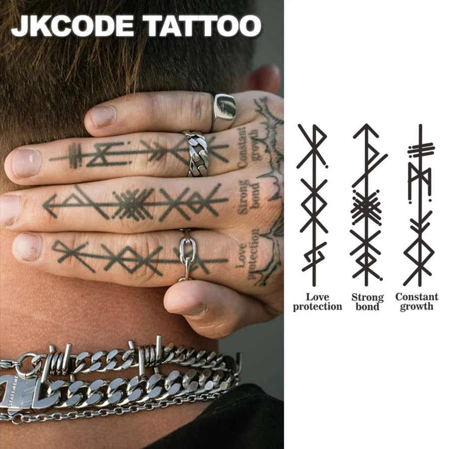 Herbal Tattoo Ancient Viking Peace Ancient Text Totem "Love" "Strong Bond" Meaning Pattern Finger Tattoo Rock Style Hand Neck Finger Tattoo Cool Men's and Women's Totem Multi-Purpose Tattoo Sticker Long-Lasting Waterproof for