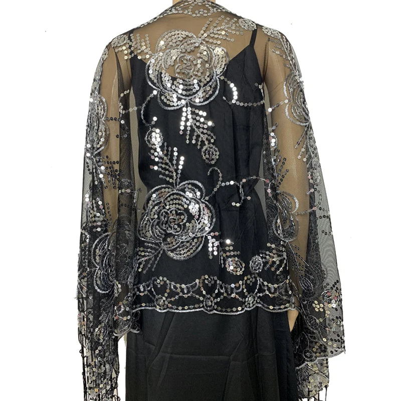 Glitter Sequins Shawls and Wraps for Evening Dresses Women's Mesh Wedding Cape Bridal Bridesmaid Shrugs Fringed Party Shawl